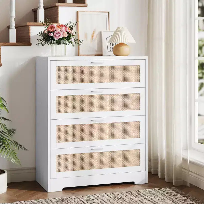 Commode 4 tiroirs en rotin pour chambre à coucher, commode haute en bois moderne avec prises de courant, organiseur de tiroirs pour chambre à coucher, placard, salon