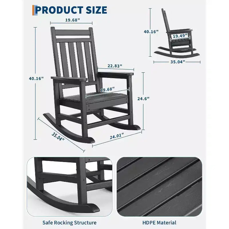 Ensemble de 2 chaises à bascule d'extérieur surdimensionnées en HDPE, fauteuil à bascule robuste avec dossier haut pour porche, jardin, balcon