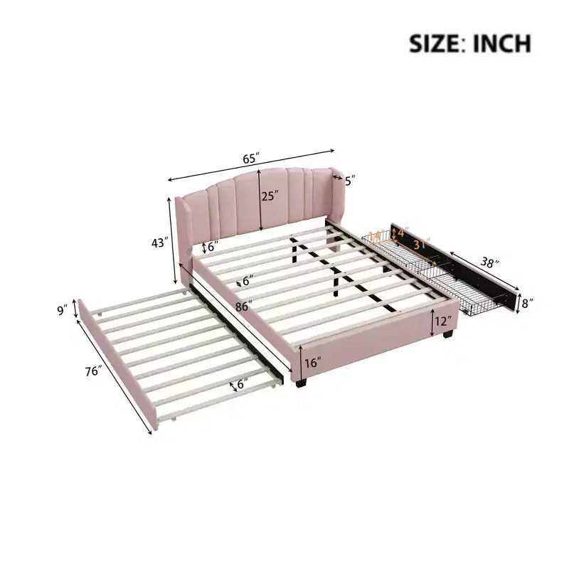Lit plateforme rembourré FAMYYT Queen Size avec un lit gigogne double et 2 tiroirs, assemblage facile