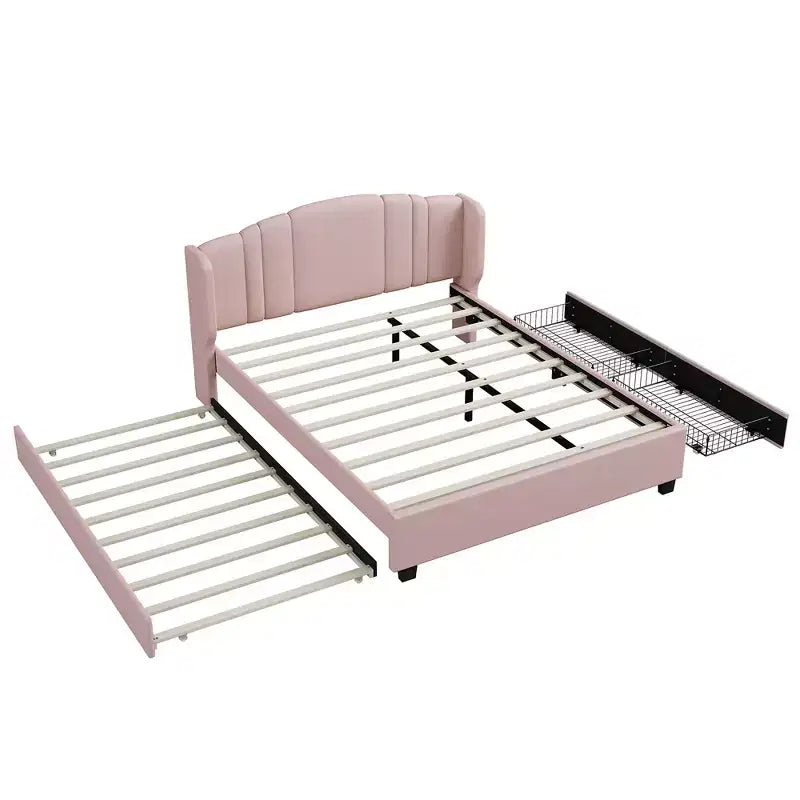 Lit plateforme rembourré FAMYYT Queen Size avec un lit gigogne double et 2 tiroirs, assemblage facile