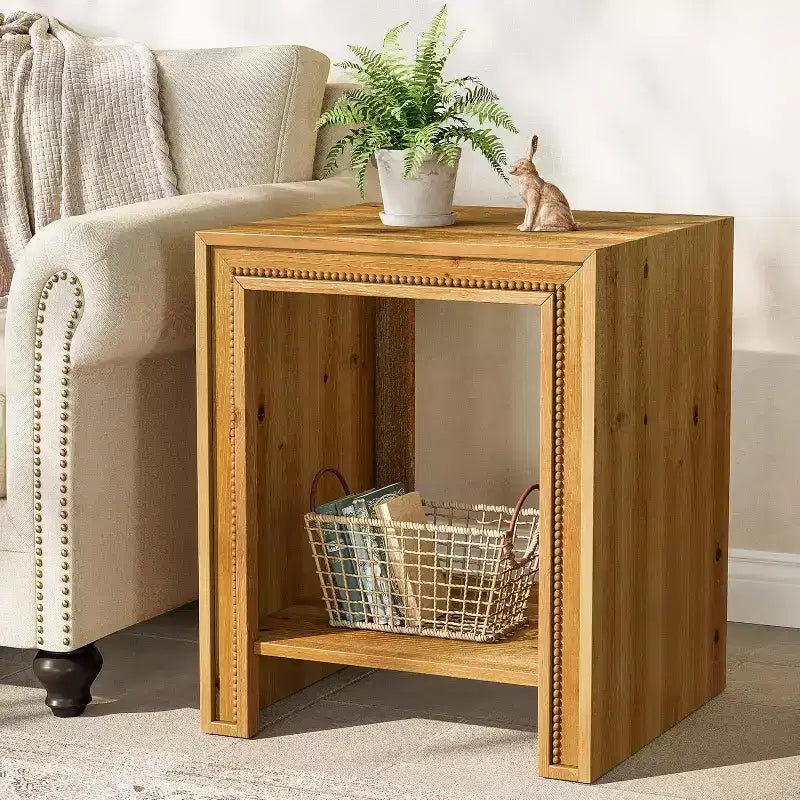Table d'appoint en bois massif Lantine, Table de chevet de ferme à 2 niveaux avec étagères de rangement pour petits espaces, Salon, Marron