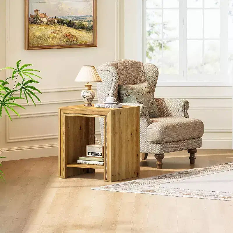 Table d'appoint en bois massif Lantine, Table de chevet de ferme à 2 niveaux avec étagères de rangement pour petits espaces, Salon, Marron