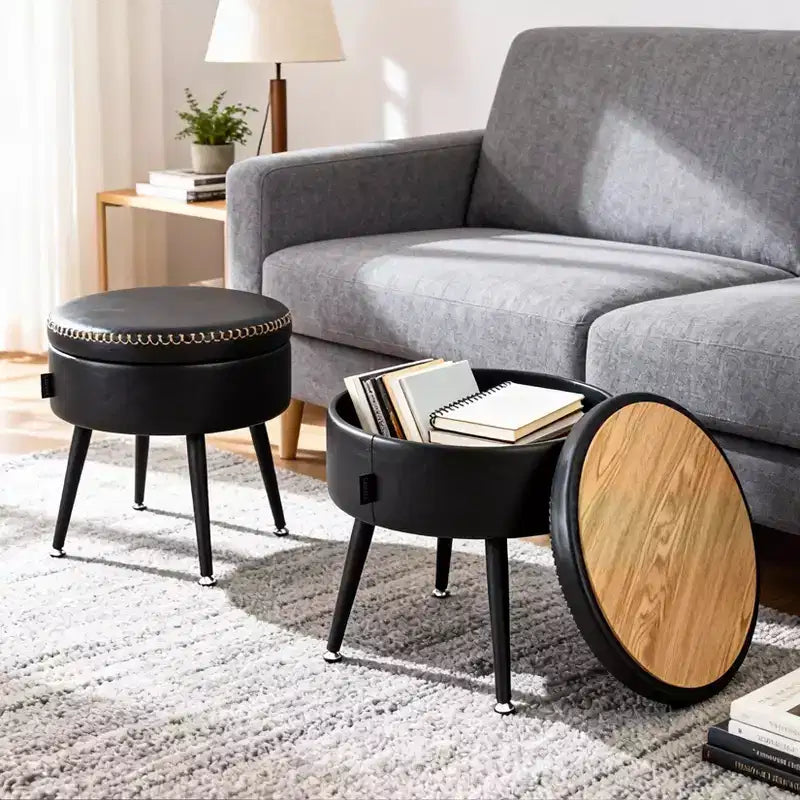 Pouf de rangement rond GustoWave, rangement dissimulé, siège en cuir synthétique, capacité de 150 kg