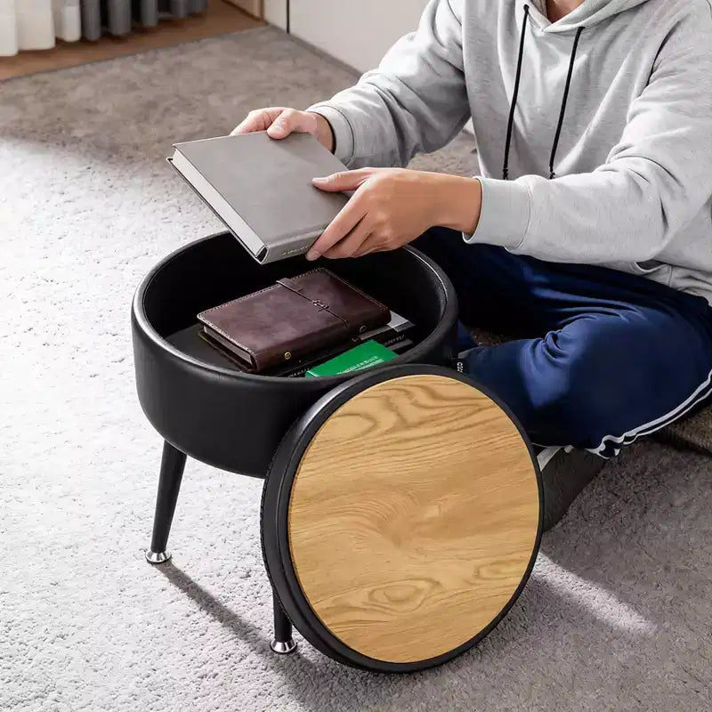 Pouf de rangement rond GustoWave, rangement dissimulé, siège en cuir synthétique, capacité de 150 kg