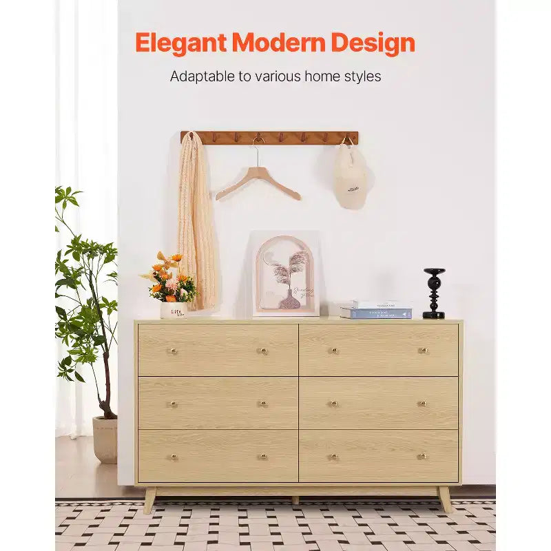 Commode à 6 tiroirs VEVOR, commode en bois avec dispositif anti-basculement, commode moderne et minimaliste, organisateur de rangement de placard, bois clair