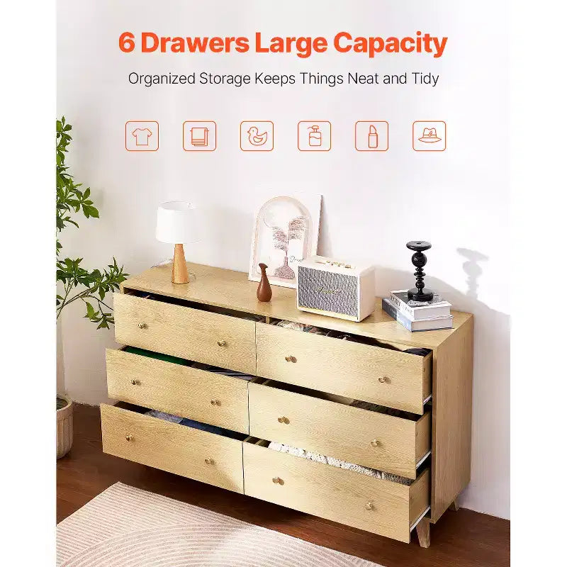 Commode à 6 tiroirs VEVOR, commode en bois avec dispositif anti-basculement, commode moderne et minimaliste, organisateur de rangement de placard, bois clair