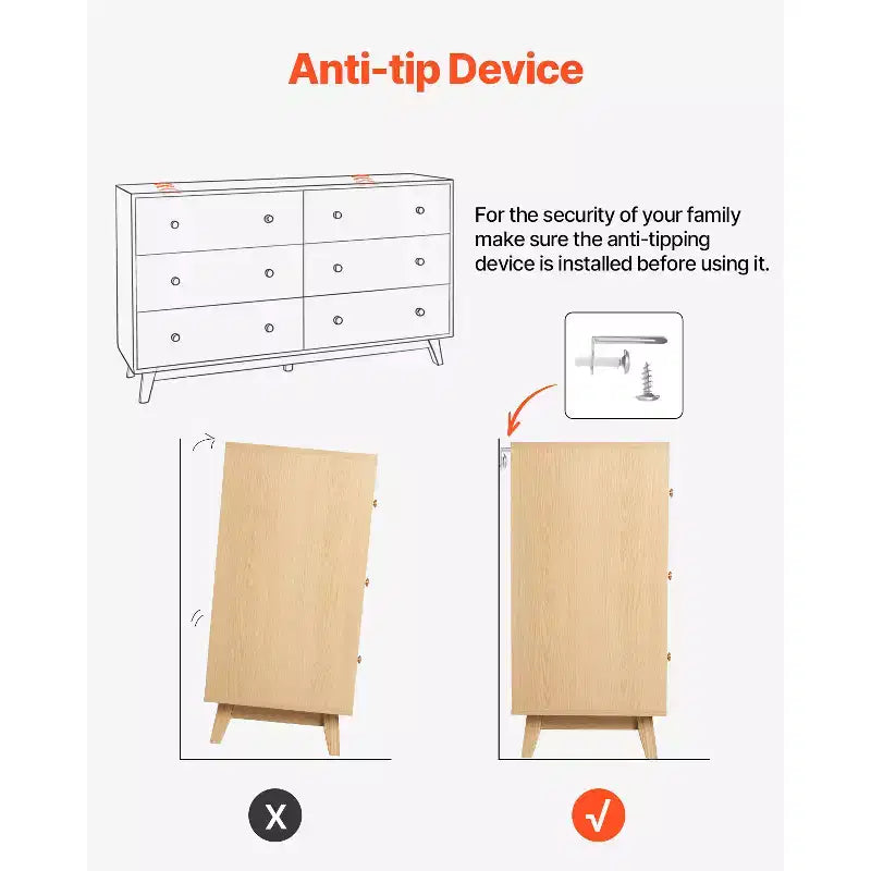Commode à 6 tiroirs VEVOR, commode en bois avec dispositif anti-basculement, commode moderne et minimaliste, organisateur de rangement de placard, bois clair