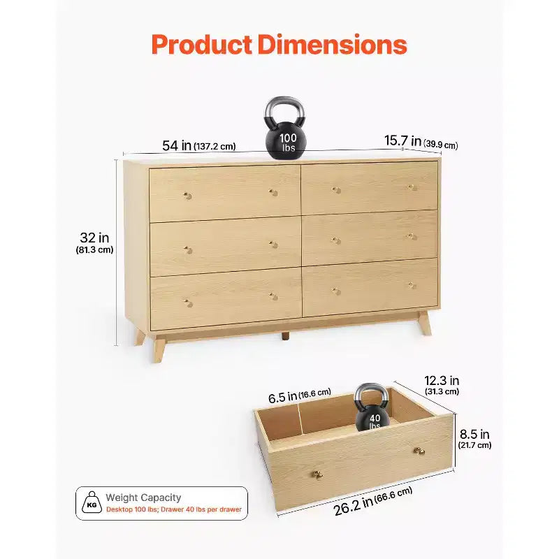 Commode à 6 tiroirs VEVOR, commode en bois avec dispositif anti-basculement, commode moderne et minimaliste, organisateur de rangement de placard, bois clair