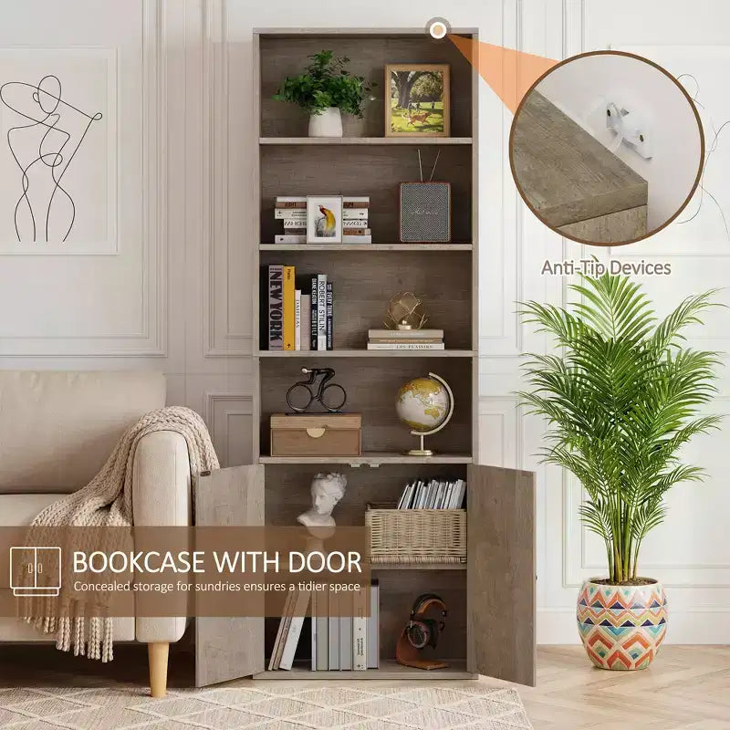 Étagère Celebalcony, Bibliothèque de ferme de 180 cm avec 6 niveaux et placard à 2 portes, Meuble de rangement et d'exposition
