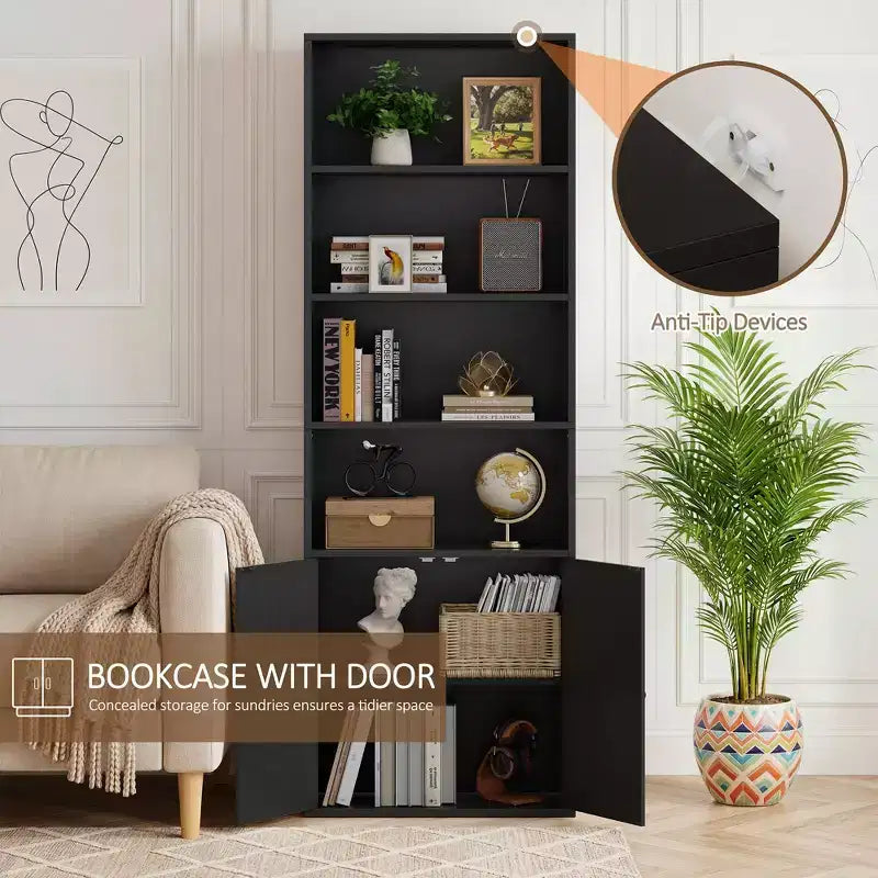 Étagère Celebalcony, Bibliothèque de ferme de 180 cm avec 6 niveaux et placard à 2 portes, Meuble de rangement et d'exposition