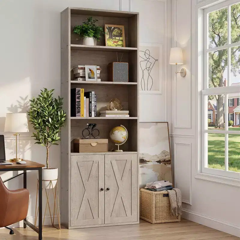 Étagère Celebalcony, Bibliothèque de ferme de 180 cm avec 6 niveaux et placard à 2 portes, Meuble de rangement et d'exposition