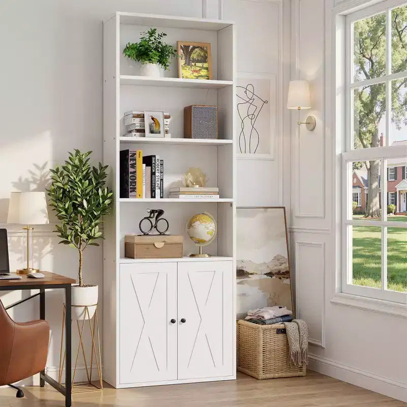 Étagère Celebalcony, Bibliothèque de ferme de 180 cm avec 6 niveaux et placard à 2 portes, Meuble de rangement et d'exposition