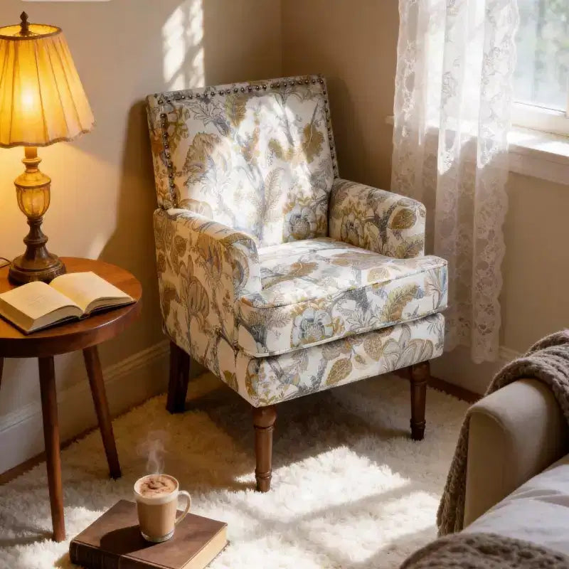 Fauteuil de ferme rembourré à motif floral avec garniture cloutée, fauteuil d'appoint à pieds en bois massif pour salon, chambre ou entrée - Panipeachy
