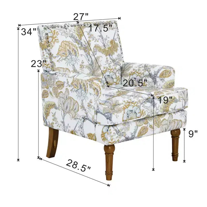 Fauteuil de ferme rembourré à motif floral avec garniture cloutée, fauteuil d'appoint à pieds en bois massif pour salon, chambre ou entrée - Panipeachy