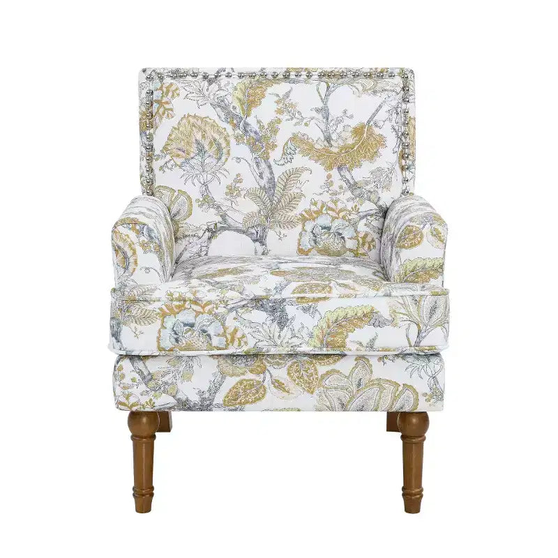 Fauteuil de ferme rembourré à motif floral avec garniture cloutée, fauteuil d'appoint à pieds en bois massif pour salon, chambre ou entrée - Panipeachy