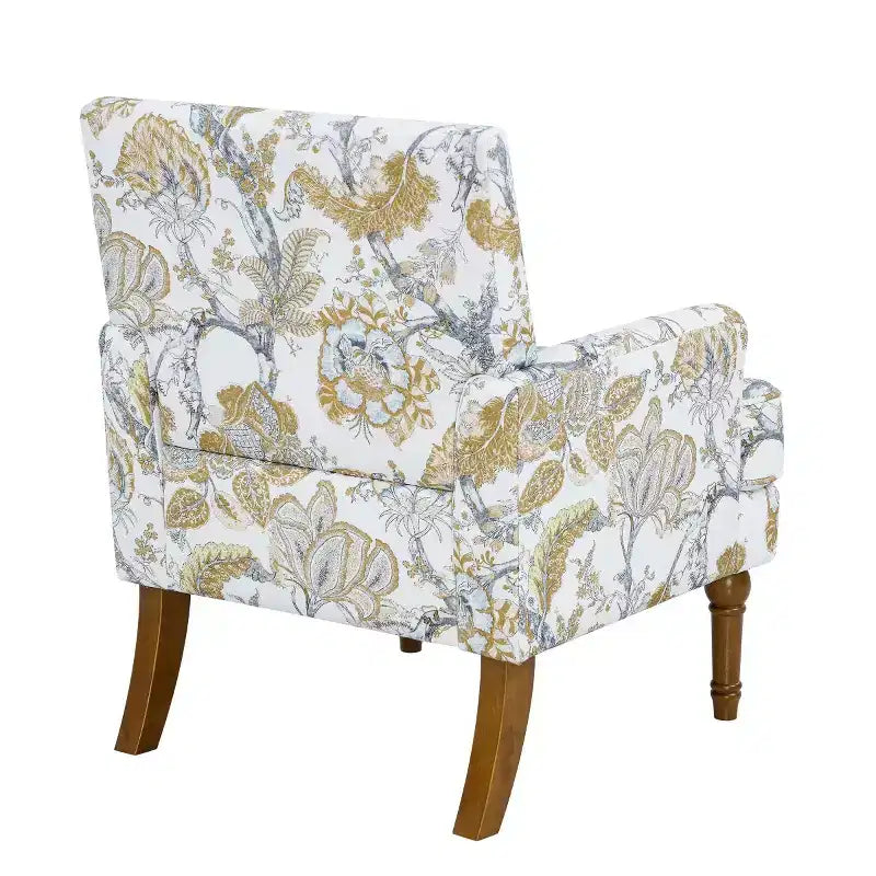 Fauteuil de ferme rembourré à motif floral avec garniture cloutée, fauteuil d'appoint à pieds en bois massif pour salon, chambre ou entrée - Panipeachy