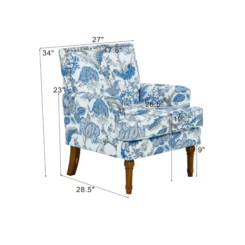 Fauteuil de ferme rembourré à motif floral avec garniture cloutée, fauteuil d'appoint à pieds en bois massif pour salon, chambre ou entrée - Panipeachy