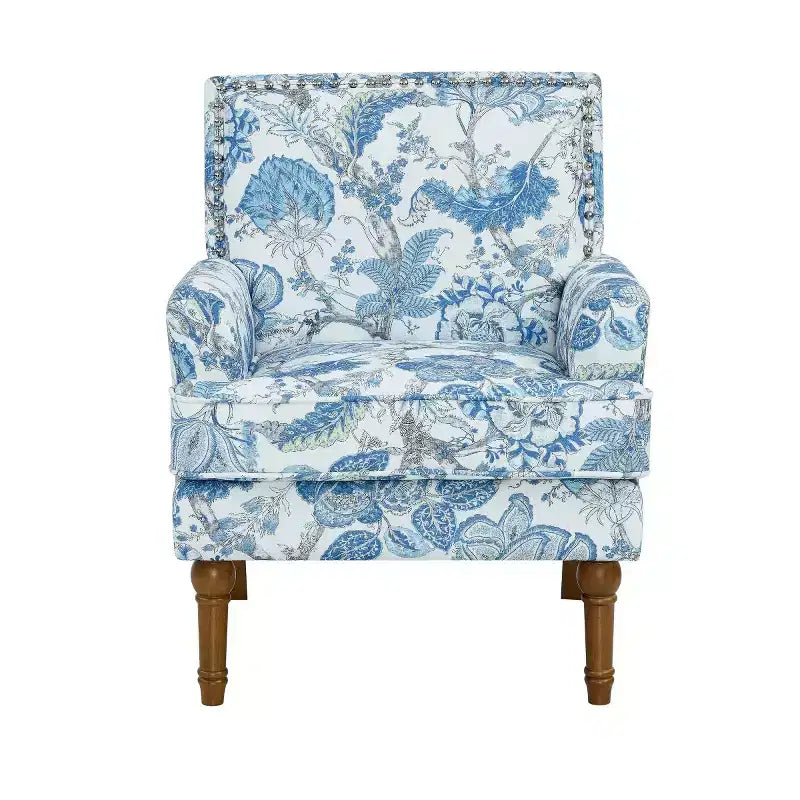 Fauteuil de ferme rembourré à motif floral avec garniture cloutée, fauteuil d'appoint à pieds en bois massif pour salon, chambre ou entrée - Panipeachy
