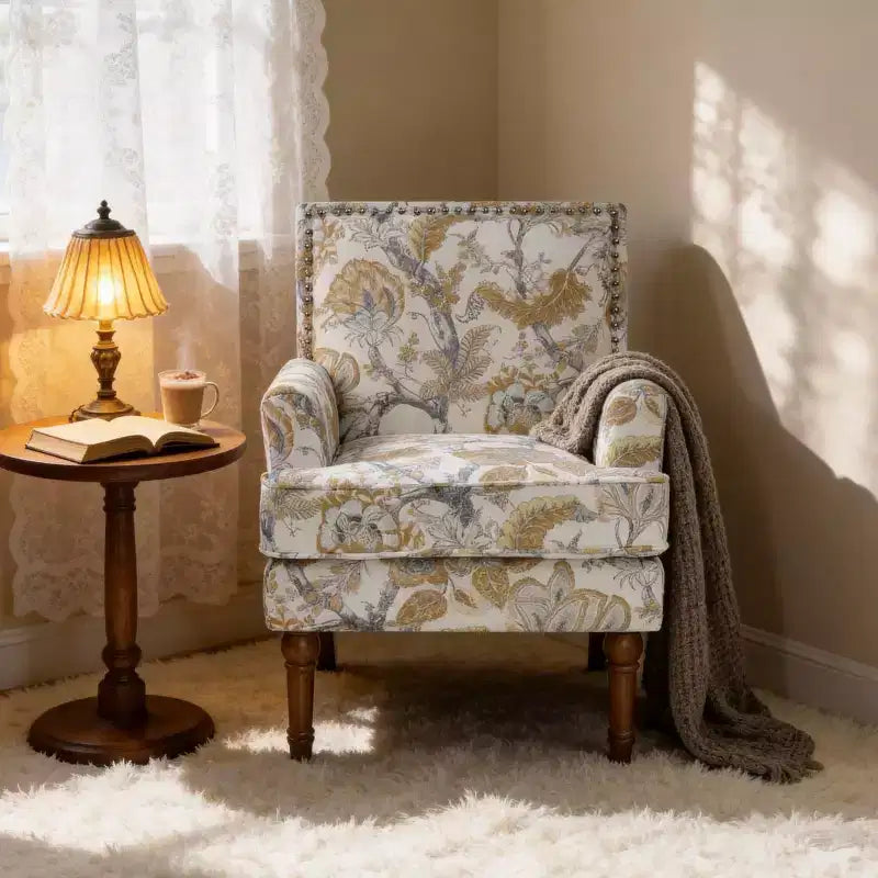 Fauteuil de ferme rembourré à motif floral avec garniture cloutée, fauteuil d'appoint à pieds en bois massif pour salon, chambre ou entrée - Panipeachy