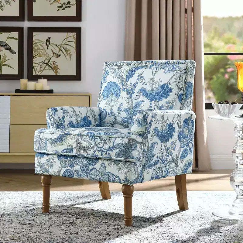 Farmhouse Upholstered Floral Chair with Nailhead Trim, Solid Wood Leg Accent Armchair for Living Room, Bedroom or Entryway-Panipeachy