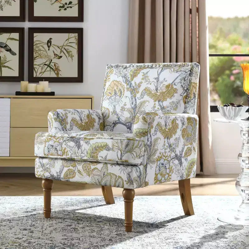 Fauteuil de ferme rembourré à motif floral avec garniture cloutée, fauteuil d'appoint à pieds en bois massif pour salon, chambre ou entrée - Panipeachy