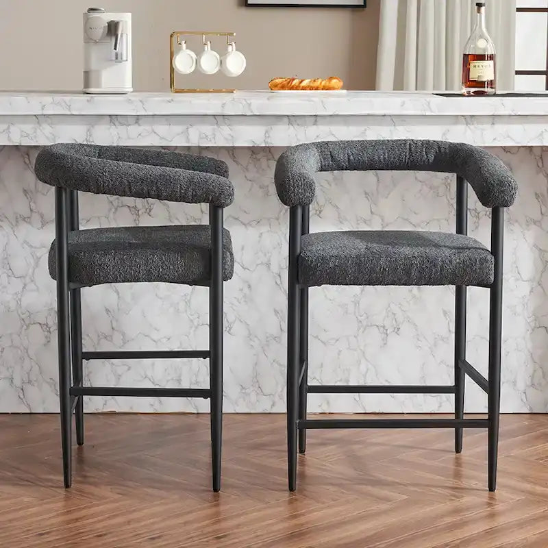 Tabourets de bar modernes en bouclette, hauteur comptoir, avec structure en métal et accoudoirs pour îlot de cuisine, salle à manger