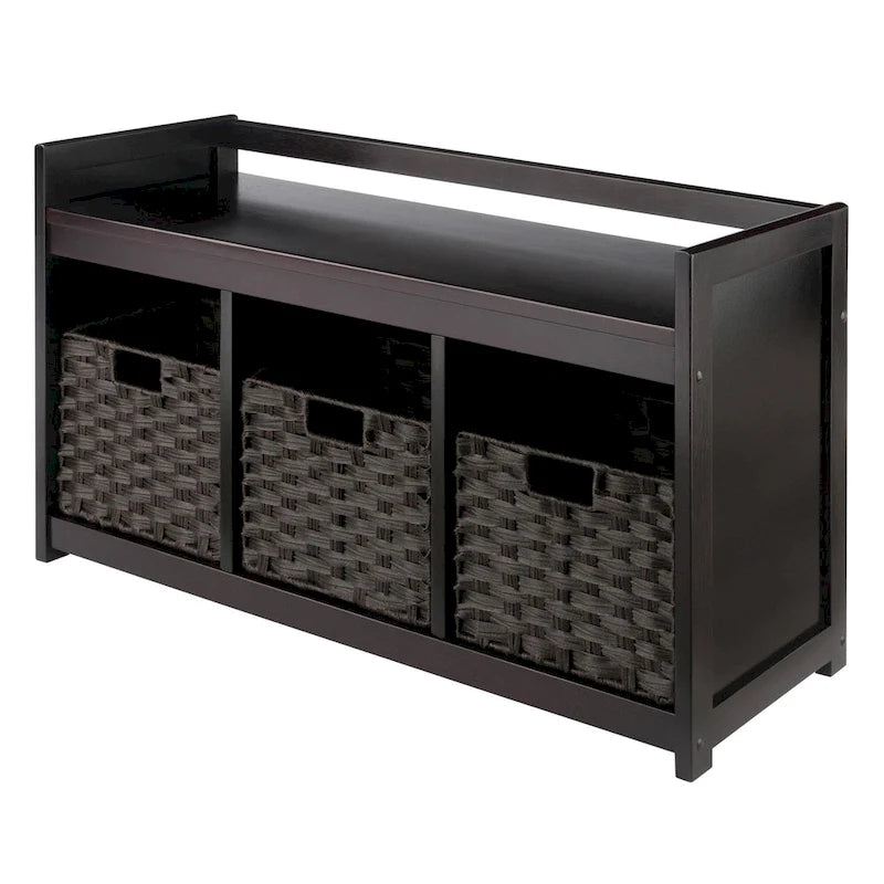 Banc de rangement avec 3 paniers tressés pliables, Chocolat espresso