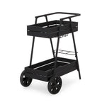 Chariot de bar industriel moderne avec cadre en fer, design inspiré d'une brouette, porte-bouteilles et roues mobiles