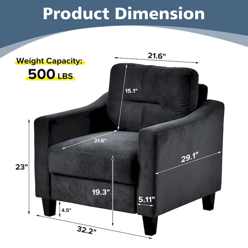 Fauteuil d'appoint moderne noir 32.2 avec cadre en bois dur robuste et coussin moelleux