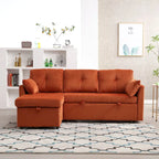 Canapé d'angle en tissu orange 81.1 : méridienne réversible, rangement, cadre en bois massif et assise en mousse