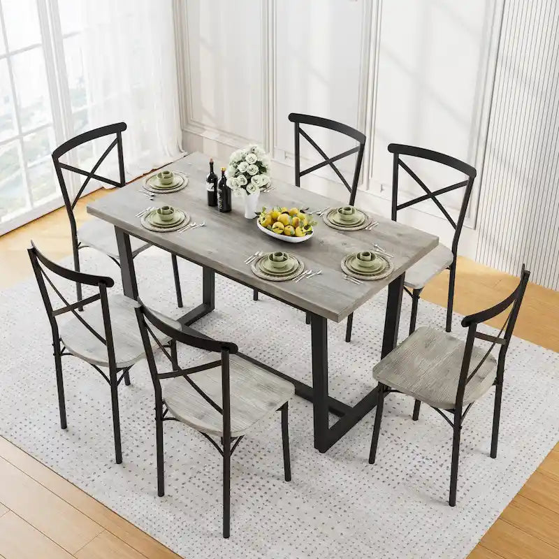 Table à manger de style moderne avec plateau rectangulaire et 6 chaises de salle à manger à dossier croisé