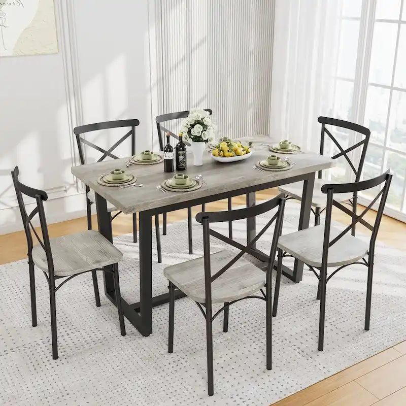 Table à manger de style moderne avec plateau rectangulaire et 6 chaises de salle à manger à dossier croisé