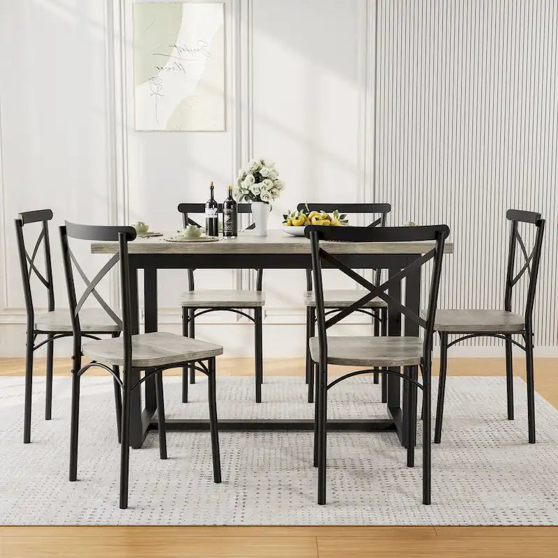 Table à manger de style moderne avec plateau rectangulaire et 6 chaises de salle à manger à dossier croisé