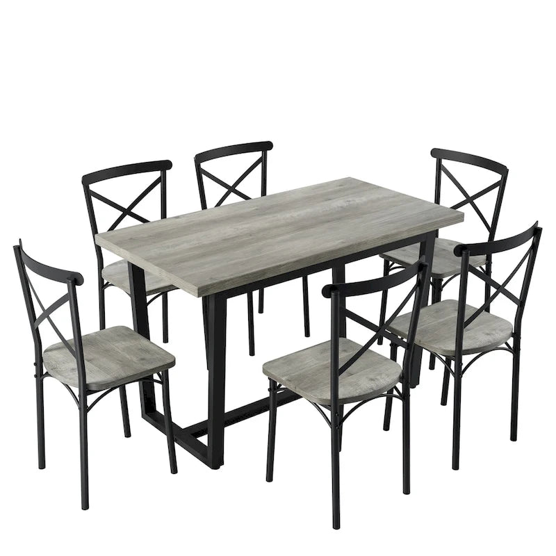 Table à manger de style moderne avec plateau rectangulaire et 6 chaises de salle à manger à dossier croisé