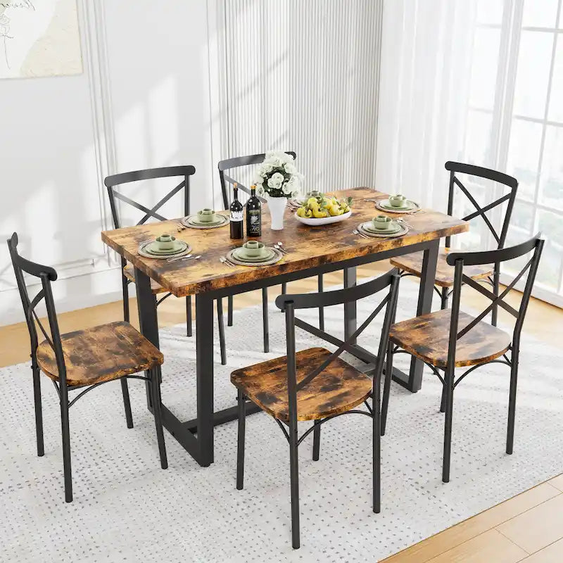 Table à manger de style moderne avec plateau rectangulaire et 6 chaises de salle à manger à dossier croisé
