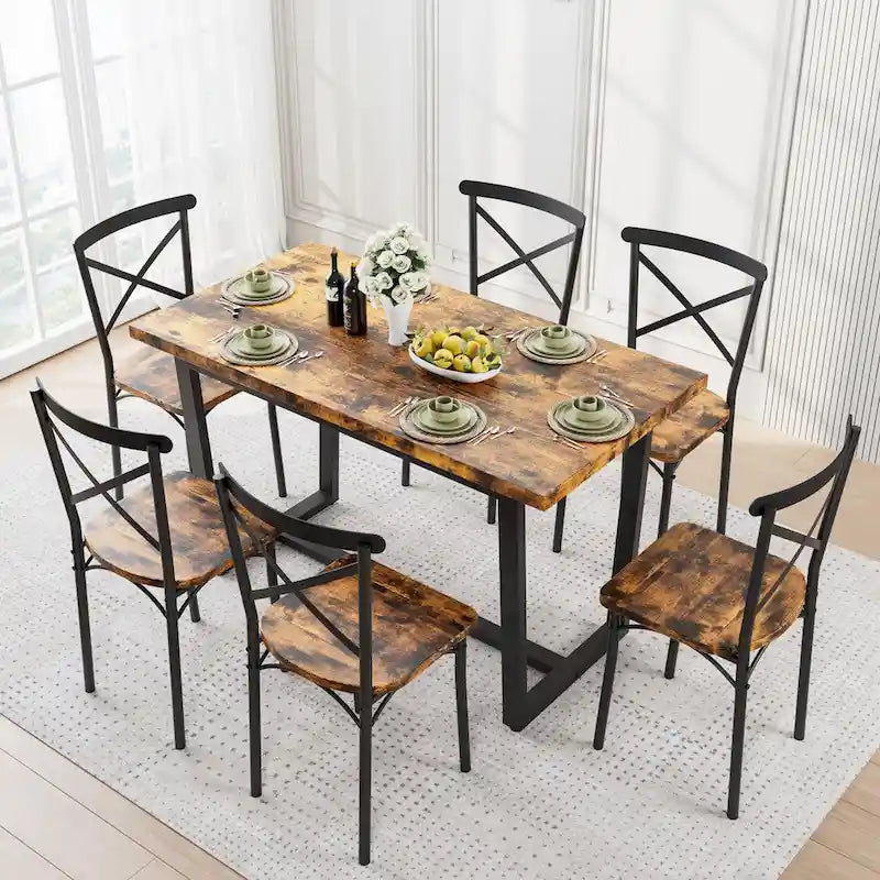 Table à manger de style moderne avec plateau rectangulaire et 6 chaises de salle à manger à dossier croisé