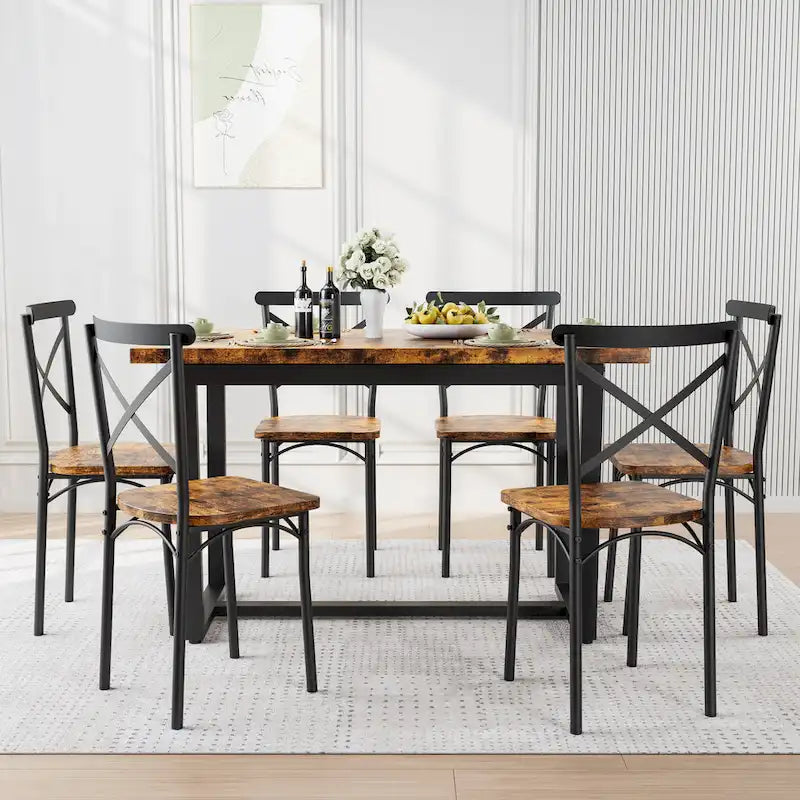 Table à manger de style moderne avec plateau rectangulaire et 6 chaises de salle à manger à dossier croisé