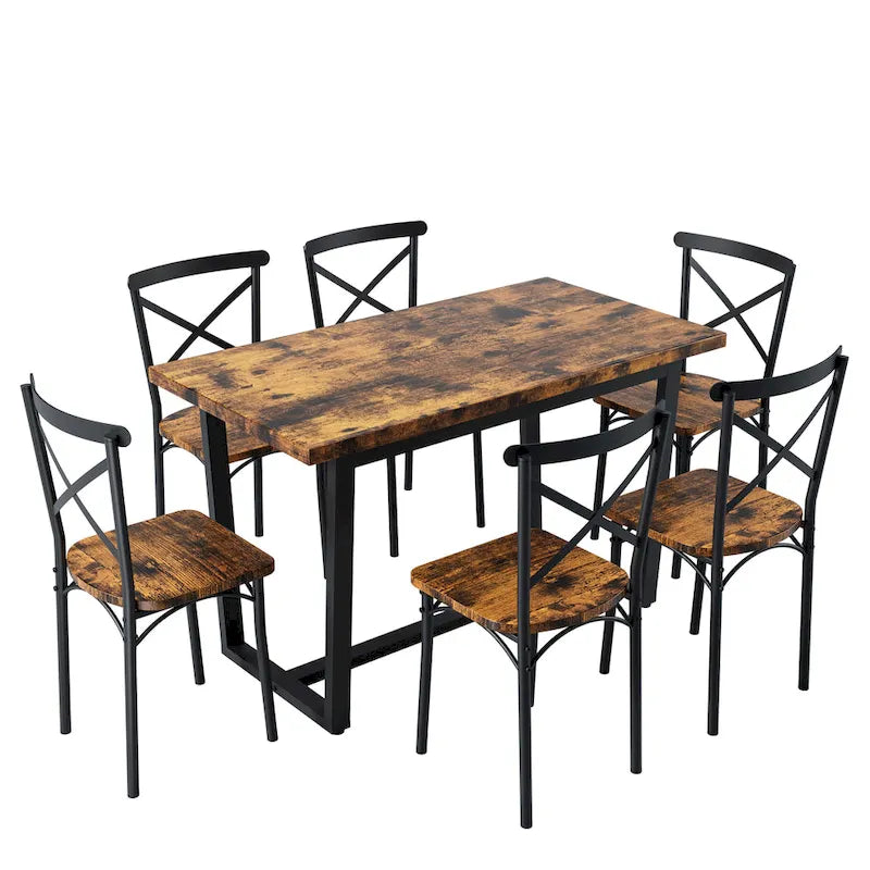 Table à manger de style moderne avec plateau rectangulaire et 6 chaises de salle à manger à dossier croisé