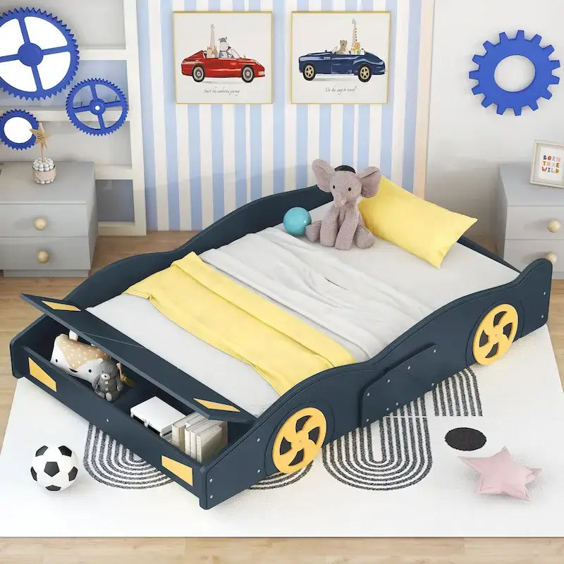 Lit de course complet en pin avec roues et rangement
