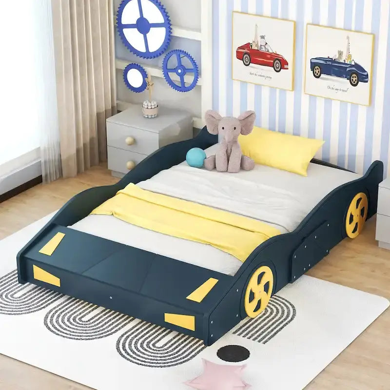 Lit de course complet en pin avec roues et rangement