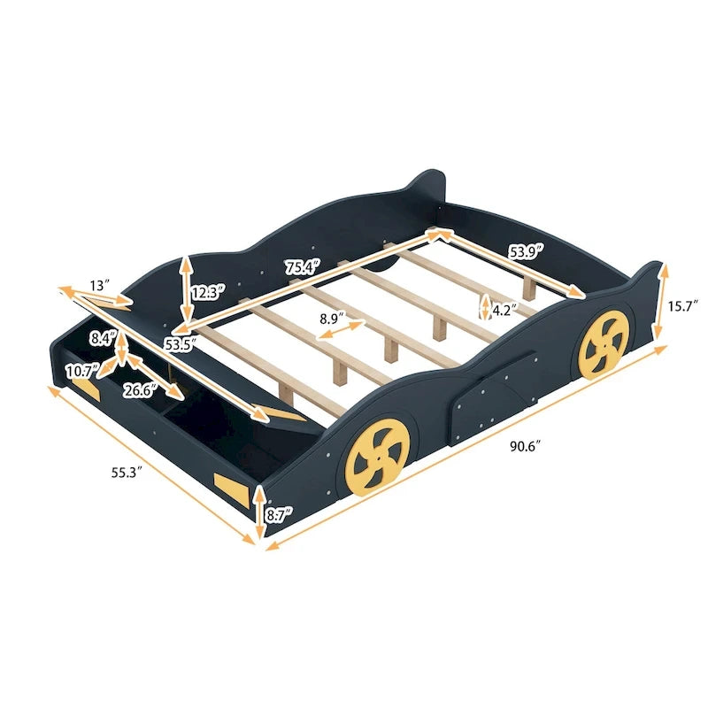 Lit de course complet en pin avec roues et rangement