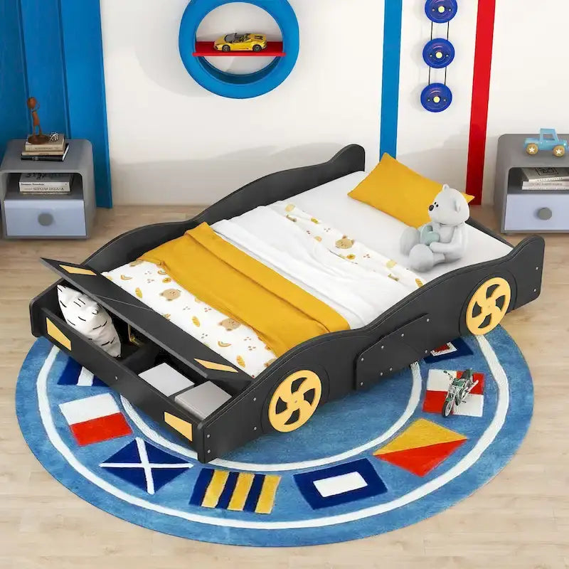 Lit de course complet en pin avec roues et rangement
