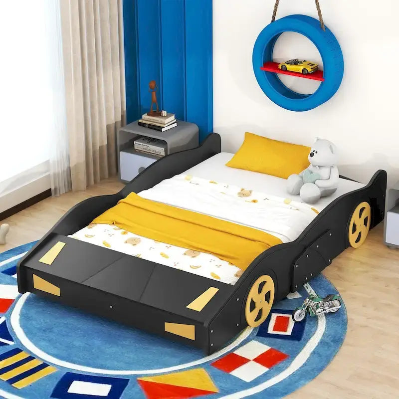 Lit de course complet en pin avec roues et rangement