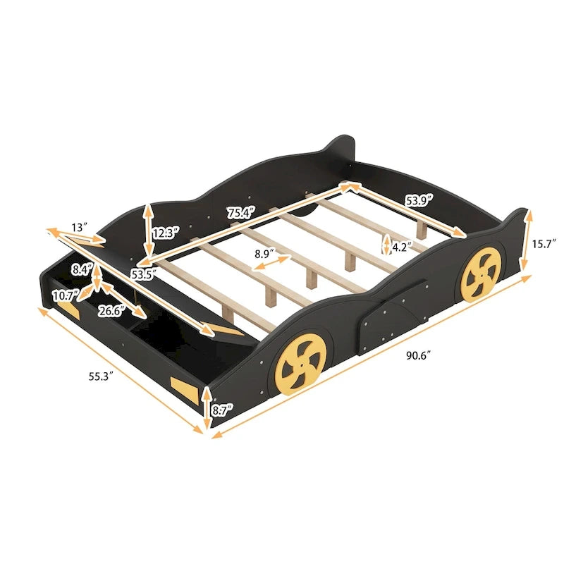 Lit de course complet en pin avec roues et rangement