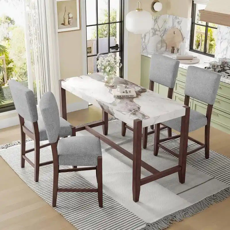 Table de salle à manger moderne hauteur comptoir, table de bar en faux marbre et 4 chaises rembourrées