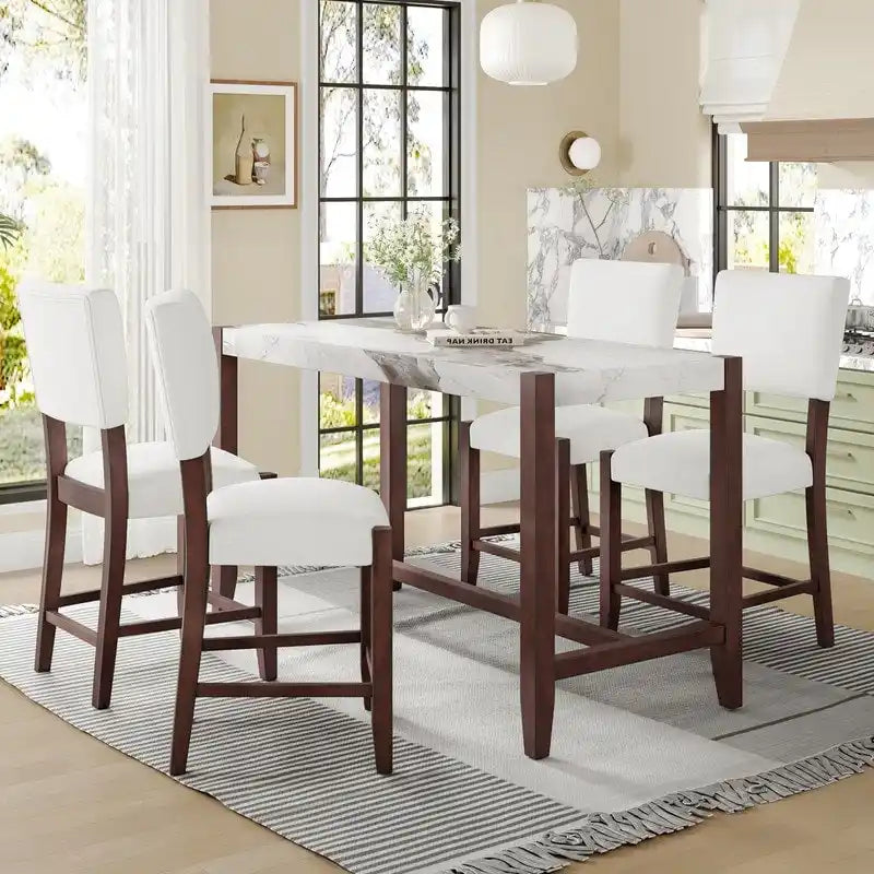 Table de salle à manger moderne hauteur comptoir, table de bar en faux marbre et 4 chaises rembourrées