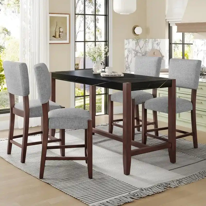 Table de salle à manger moderne hauteur comptoir, table de bar en faux marbre et 4 chaises rembourrées