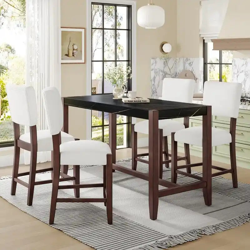 Table de salle à manger moderne hauteur comptoir, table de bar en faux marbre et 4 chaises rembourrées