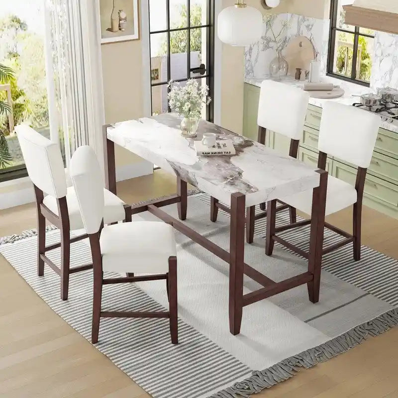 Table de salle à manger moderne hauteur comptoir, table de bar en faux marbre et 4 chaises rembourrées