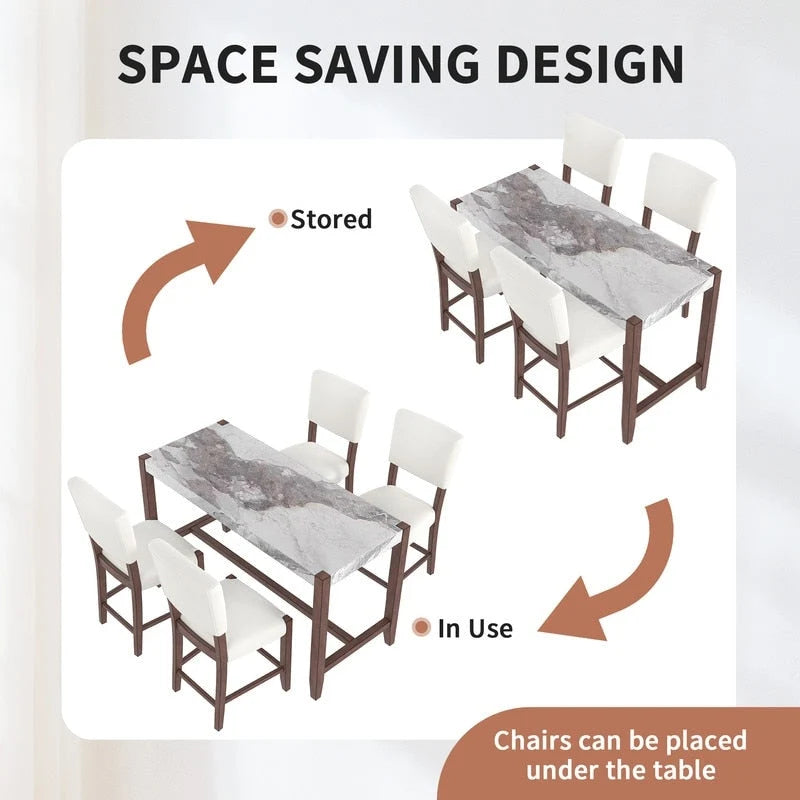 Table de salle à manger moderne hauteur comptoir, table de bar en faux marbre et 4 chaises rembourrées